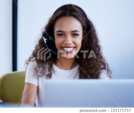Laptop, call center agent and portrait of woman in office for customer service. Face, contact us and African female sales consultant, happy professional and telemarketing employee from South Africa. Laptop, call center agent and portrait of woman in office for customer service. Face, contact us and African female sales consultant, happy professional and telemarketing employee from South Africa. 135171757