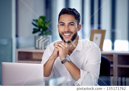 Portrait, business and man with a smile, laptop and startup success with web design, happiness and connection. Face, male person and entrepreneur with a pc, professional and career with website info 135171762