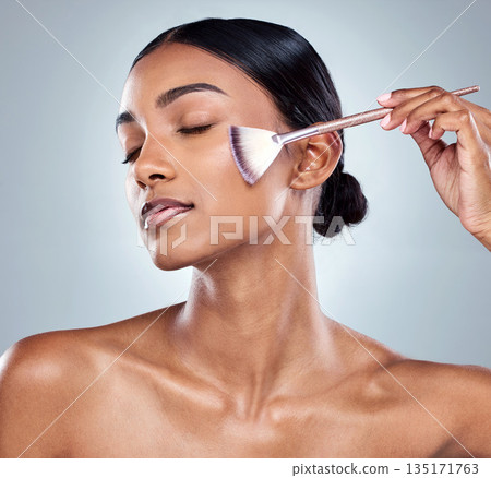 Blender brush, makeup foundation and woman with cosmetics, natural beauty and skincare. Cosmetic, young female model and care with contour and face product with highlighter for skin glow in studio Blender brush, makeup foundation and woman with cosmetics, natural beauty and skincare. Cosmetic, young female model and care with contour and face product with highlighter for skin glow in studio 135171763