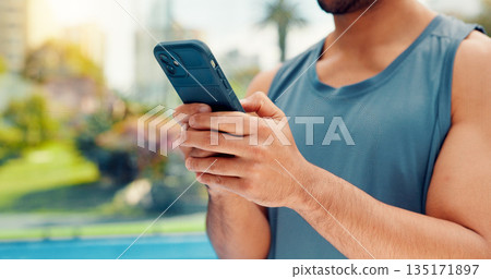 Hands, athlete and man with phone on tennis court with fitness app, training tips and track progress. Person, mobile and reservation for padel, technique and video demonstration for sports tournament 135171897