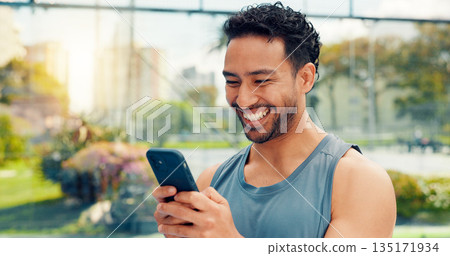 Athlete, man and reading with phone on tennis court with fitness app, training tips and track progress. Person, mobile and happiness for padel, technique and video demonstration for sports tournament 135171934