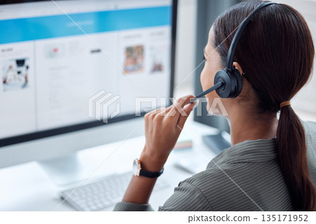 Call center, telemarketing and back of female consultant working on online consultation in the office. Customer service, contact us and saleswoman planning crm with headset and computer in workplace. 135171952