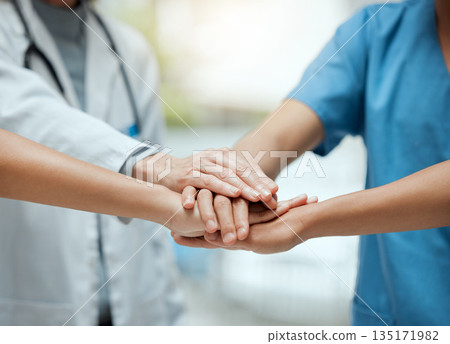 Stack, teamwork or hands of doctors with collaboration for healthcare goals in meeting or community. Closeup, team building or medical nurses with group support, motivation or mission in hospital Stack, teamwork or hands of doctors with collaboration for healthcare goals in meeting or community. Closeup, team building or medical nurses with group support, motivation or mission in hospital 135171982