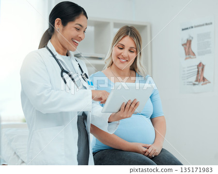 Healthcare, tablet and pregnant woman at a prenatal consultation for health in a medical clinic. Wellness, maternity and female pregnancy doctor speaking to a mother with a digital mobile in hospital 135171983