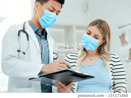 Healthcare, woman and doctor with a clipboard, consultation and conversation for diagnosis. Female person, patient or medical professional with a document, explain insurance or symptoms in a hospital Healthcare, woman and doctor with a clipboard, consultation and conversation for diagnosis. Female person, patient or medical professional with a document, explain insurance or symptoms in a hospital 135171988