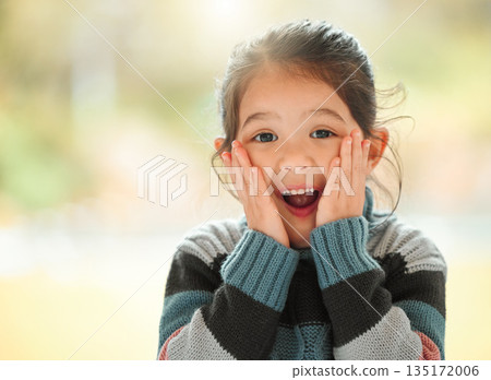 Shock, surprise and portrait of child in home for happy, wow and comedy. Happiness, comic and emoji with shocked face of young asian girl and mockup space for funny, humor and cute emotions Shock, surprise and portrait of child in home for happy, wow and comedy. Happiness, comic and emoji with shocked face of young asian girl and mockup space for funny, humor and cute emotions 135172006