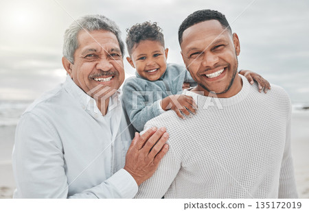 Happy, generations and portrait of family at beach for travel, relax and vacation. Bonding, smile and grandfather with dad and child in nature for seaside holiday, happiness and free time together Happy, generations and portrait of family at beach for travel, relax and vacation. Bonding, smile and grandfather with dad and child in nature for seaside holiday, happiness and free time together 135172019