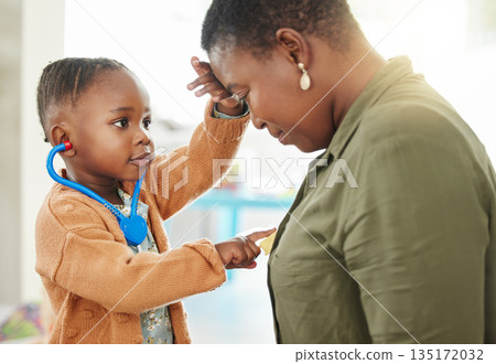 Health, black girl playing doctor and mother with wellness, home and bonding with care, future and fun. Parent, daughter and female child with a stethoscope, game and medical with help and family 135172032