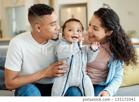 Smile, family and baby in home living room, bonding and having fun in house. Father, mother and newborn on sofa, happy and relax with child, care and enjoying quality time together with happiness. Smile, family and baby in home living room, bonding and having fun in house. Father, mother and newborn on sofa, happy and relax with child, care and enjoying quality time together with happiness. 135172041