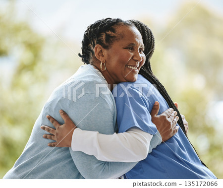 Senior patient, woman nurse and hug outdoor for support, healthcare and happiness at retirement home. Black person and caregiver together for trust, elderly care and help for health and wellness 135172066