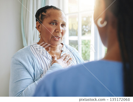 Senior healthcare, trust and a black woman with a doctor for medicine communication and medical problem. Support, consulting and an elderly patient talking to a nurse at a nursing home about health 135172068