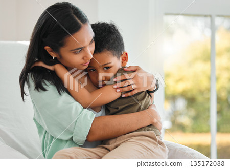 Hug, sick and love with mother and son in bedroom for medical, illness and empathy. Care, support and worry with woman and child hugging together in family home for virus, problem and consoling 135172088