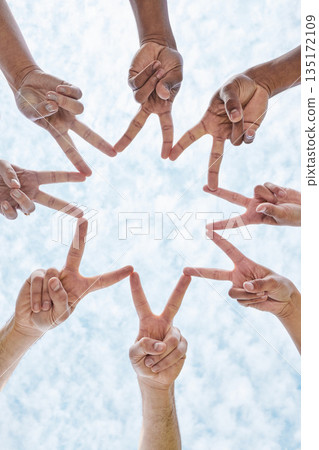 Hands in circle star, blue sky and community in collaboration for global support, trust and diversity. Teamwork, hand and summer sunshine, positive mindset and group of people in solidarity huddle. Hands in circle star, blue sky and community in collaboration for global support, trust and diversity. Teamwork, hand and summer sunshine, positive mindset and group of people in solidarity huddle. 135172109