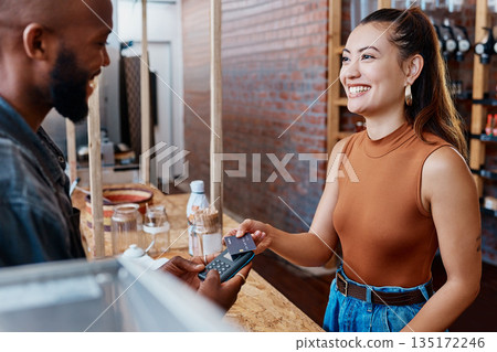 Credit card, machine and happy people in small business, e commerce transaction and fintech payment or store digital POS. Banking, customer services or b2c woman, cashier or man in shop or restaurant Credit card, machine and happy people in small business, e commerce transaction and fintech payment or store digital POS. Banking, customer services or b2c woman, cashier or man in shop or restaurant 135172246