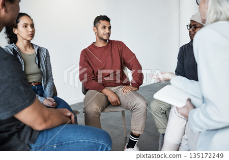 Psychology, psychologist and group of people at a therapy session for mental health or depression. Community, diversity and patients or friends in a circle talking to a therapist at counseling center Psychology, psychologist and group of people at a therapy session for mental health or depression. Community, diversity and patients or friends in a circle talking to a therapist at counseling center 135172249