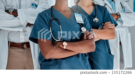 Group, doctors and arms crossed in hospital, teamwork and solidarity with women, men and support for healthcare. Doctor, team and people with stethoscope, medical collaboration and together in clinic Group, doctors and arms crossed in hospital, teamwork and solidarity with women, men and support for healthcare. Doctor, team and people with stethoscope, medical collaboration and together in clinic 135172266