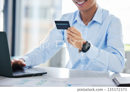 Business man, credit card and laptop in office for online shopping, typing info or payment on internet. Happy businessman, banking and password for cybersecurity with sale, discount or fintech on web Business man, credit card and laptop in office for online shopping, typing info or payment on internet. Happy businessman, banking and password for cybersecurity with sale, discount or fintech on web 135172373