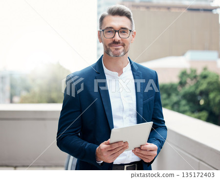 Tablet, corporate portrait and happy man with wealth, accounting and CEO management app on balcony. Outdoor, city and professional person or business boss with digital technology, website or internet Tablet, corporate portrait and happy man with wealth, accounting and CEO management app on balcony. Outdoor, city and professional person or business boss with digital technology, website or internet 135172403