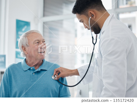 Healthcare, senior man and doctor with a stethoscope, surgeon and innovation for diagnosis, treatment and talking. Medical professional, mature male person and elderly patient with cardiology expert Healthcare, senior man and doctor with a stethoscope, surgeon and innovation for diagnosis, treatment and talking. Medical professional, mature male person and elderly patient with cardiology expert 135172420