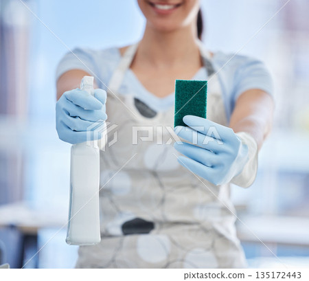 Hygiene, woman with sponge and bottle with detergents at her home with rubber gloves. Healthcare or germs, clean for bacteria and female person with cleaning equipment for health wellness at house 135172443