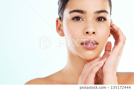 Face, skincare and beauty of woman in studio isolated on a white background mockup. Portrait, natural and serious female model with makeup, cosmetics and facial dermatology, healthy skin and wellness Face, skincare and beauty of woman in studio isolated on a white background mockup. Portrait, natural and serious female model with makeup, cosmetics and facial dermatology, healthy skin and wellness 135172444
