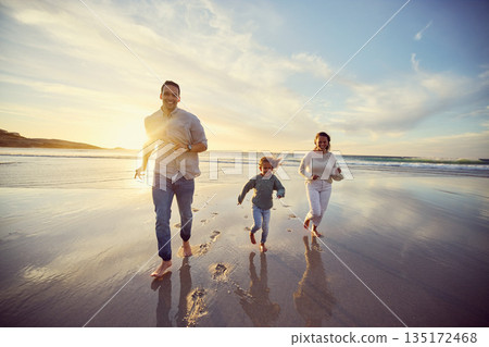 Mother, father and child run on beach on holiday, summer vacation and weekend together. Nature, family travel and happy mom, dad and girl playing for bonding, adventure and quality time at sunrise Mother, father and child run on beach on holiday, summer vacation and weekend together. Nature, family travel and happy mom, dad and girl playing for bonding, adventure and quality time at sunrise 135172468