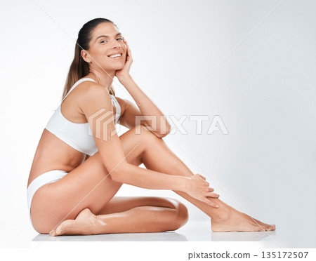 Woman in underwear, smile in portrait with body and hair removal, skincare and wellness isolated on white background. Happy female model, natural cosmetics and epilation for grooming and mockup space 135172507