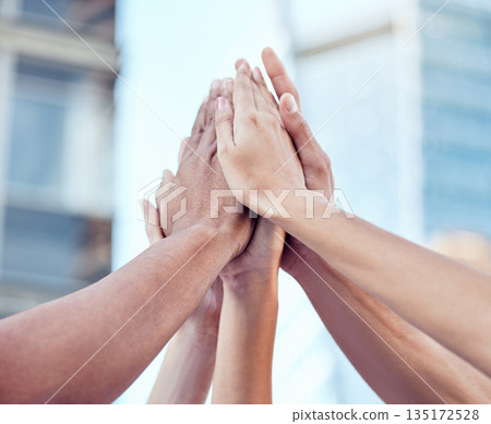 Team, high five and hands together of business people with goal and target success outdoor. Win, celebration and solidarity of staff with collaboration support and achievement with emoji hand sign 135172528