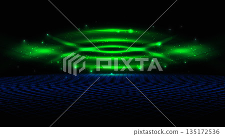 Futuristic neon green energy blast pulsing over a dark blue perspective grid in a synthwave style high tech digital landscape with glowing particles for retro gaming and technology backgrounds 135172536