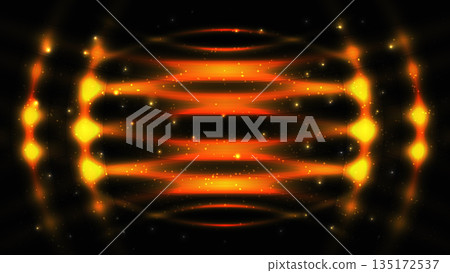 Abstract orange and golden light streaks forming a cosmic energy sphere with glowing particles on dark background for digital technology design 135172537