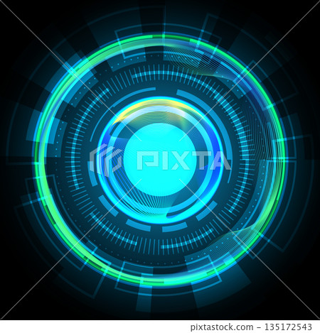 Futuristic HUD Interface with Glowing Blue and Green Concentric Circles and Digital Data Elements Futuristic HUD Interface with Glowing Blue and Green Concentric Circles and Digital Data Elements 135172543