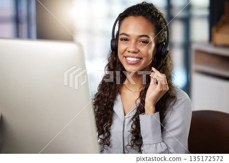 Portrait, telemarketing and woman with customer service, call center and headphones with happiness. Face, female person and happy agent with tech support, computer and consultant with advice and help Portrait, telemarketing and woman with customer service, call center and headphones with happiness. Face, female person and happy agent with tech support, computer and consultant with advice and help 135172572