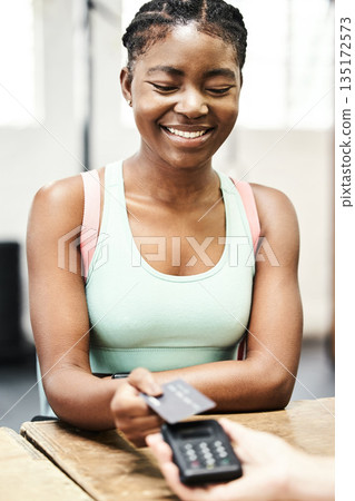 Credit card, woman and pay for gym membership, sports club customer or payment for fitness subscription. Fintech, ecommerce and athlete buying or paying for workout, training or exercise for health 135172573