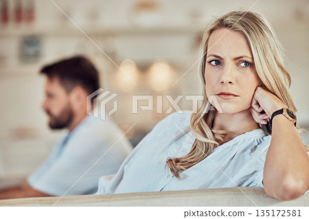 Woman, sad and angry in fight of couple with problem, divorce and crisis of conflict at home. Face of female person ignoring partner in argument, marriage failure and stress of frustrated break up Woman, sad and angry in fight of couple with problem, divorce and crisis of conflict at home. Face of female person ignoring partner in argument, marriage failure and stress of frustrated break up 135172581