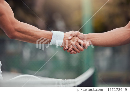 Man, tennis and handshake for partnership, deal or game in competition together on court. Hand of men or friends shaking hands for sports training, teamwork or support friendship in match agreement 135172649