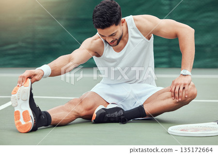 Man, tennis and stretching body in fitness on court getting ready for match or game in the outdoors. Fit and active male person or sport player in warm up leg stretch for workout exercise or training 135172664