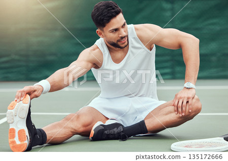 Man, tennis and stretching body on court getting ready for fitness, match or game in the outdoors. Fit and active male person or sport player in warm up leg stretch for workout exercise or training 135172666