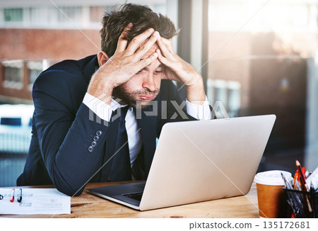 Business man, stress and frustrated for computer news, debt review and finance report, budget risk or job anxiety. Crisis, problem and mistake, glitch or burnout accountant person working on laptop 135172681