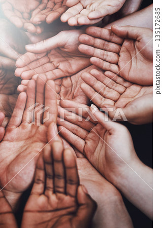 Open hands, diversity and group together with community, solidarity and support. Hunger, faith and charity hands gesture with people and poverty with crowd show palm and society and charity donation 135172685