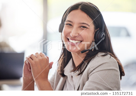 Portrait, woman and happy call center worker with headset, smile and professional mindset for customer service, support or help. Face, person and working in telemarketing, crm or online consulting Portrait, woman and happy call center worker with headset, smile and professional mindset for customer service, support or help. Face, person and working in telemarketing, crm or online consulting 135172731