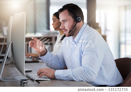 Call center, consulting and computer with man in office for communication, customer service or help desk. Telemarketing, sales and advice with male employee for commitment, contact us and hotline 135172735