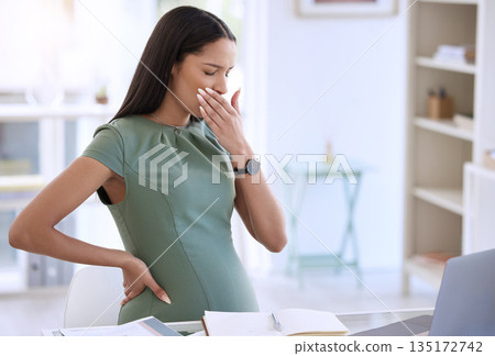 Tired, business woman and pregnancy with yawn and fatigue from office work. Pregnant, female employee and maternity of a worker with working and burnout at a company for report deadline with notes 135172742
