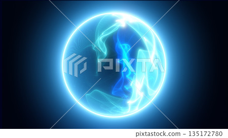 Abstract glowing blue energy sphere with swirling plasma and digital light texture, representing futuristic technology and motion 135172780