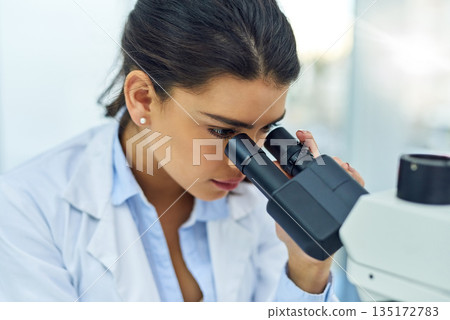 Research, woman and scientist with microscope in lab for medical study. Healthcare, science and female doctor with scope equipment for sample analysis, particle testing and laboratory experiment. 135172783