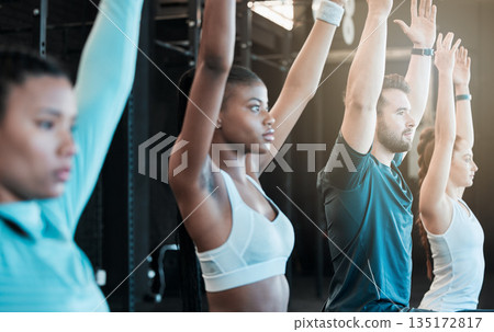 Fitness, group and arms for lunge exercise at a gym with diversity, energy and motivation. Strong men and black woman, friends or people focus together for class, sport training and wellness workout Fitness, group and arms for lunge exercise at a gym with diversity, energy and motivation. Strong men and black woman, friends or people focus together for class, sport training and wellness workout 135172817