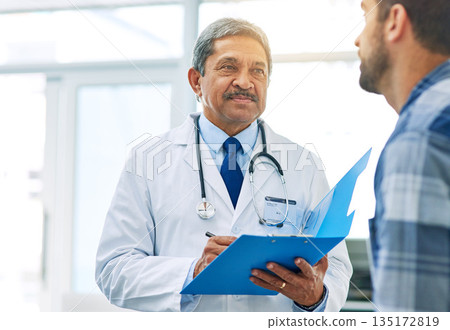 Senior doctor, man patient and results with medical consultation and discussion in clinic. Hospital, wellness consulting and health insurance checklist of a healthcare and professional talking Senior doctor, man patient and results with medical consultation and discussion in clinic. Hospital, wellness consulting and health insurance checklist of a healthcare and professional talking 135172819