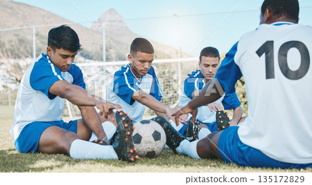 Sports group, soccer and team stretching legs on field for fitness training or exercise outdoor. Football player, club and diversity athlete men with focus on sport competition, workout or warm up 135172829