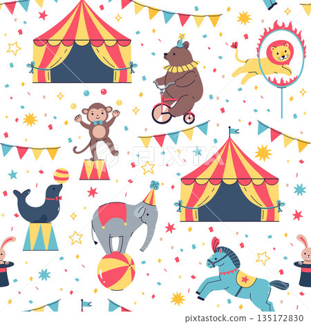 Seamless pattern with circus animals and tents. Vector graphics. Seamless pattern with circus animals and tents. Vector graphics. 135172830