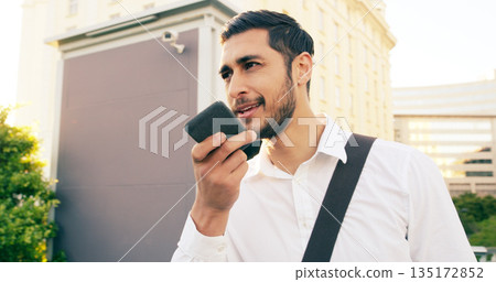 Cellphone, voice note and business man in city, communication or conversation call with contact. Phone, virtual assistant and male professional talking, speaking or discussion on urban town street 135172852