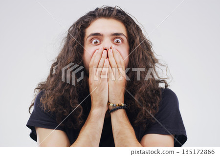 Portrait, wow and man with surprise, mockup and guy on a white studio background with gossip. Face, male person and model with shock, omg expression with opportunity, emoji and confident with deal 135172866